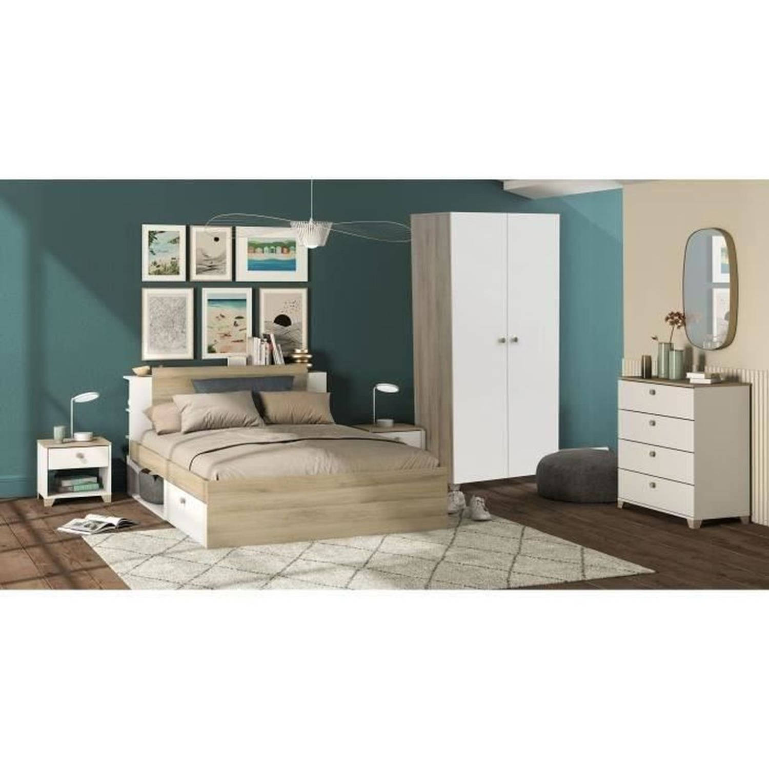 Volledige volwassen slaapkamer LIFE: Bed + Ladekast + Kledingkast Eiken en wit decor Made in France 