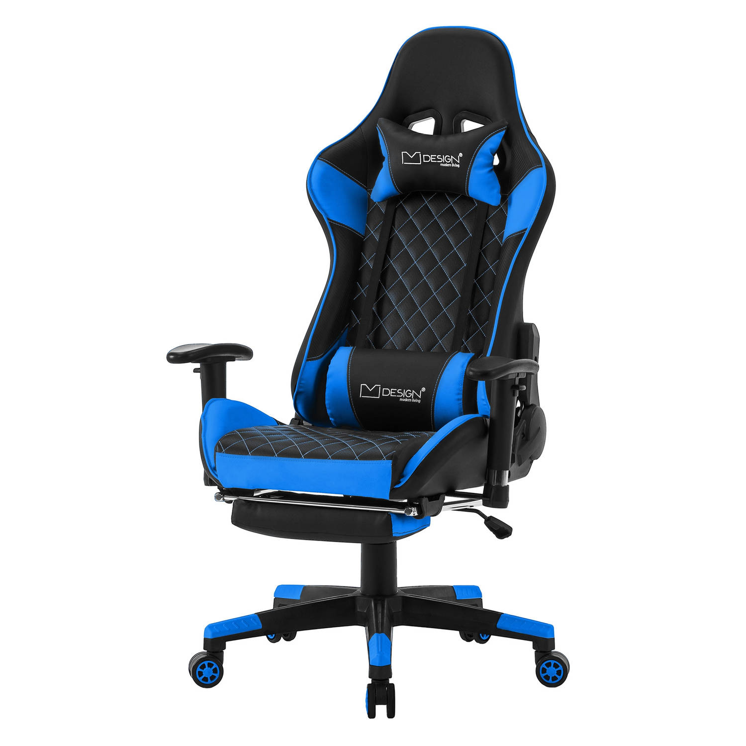 Gaming stoel met uittrekbare voetsteun 2D armsteun Zwart-Blauw in kunstleer ML Design