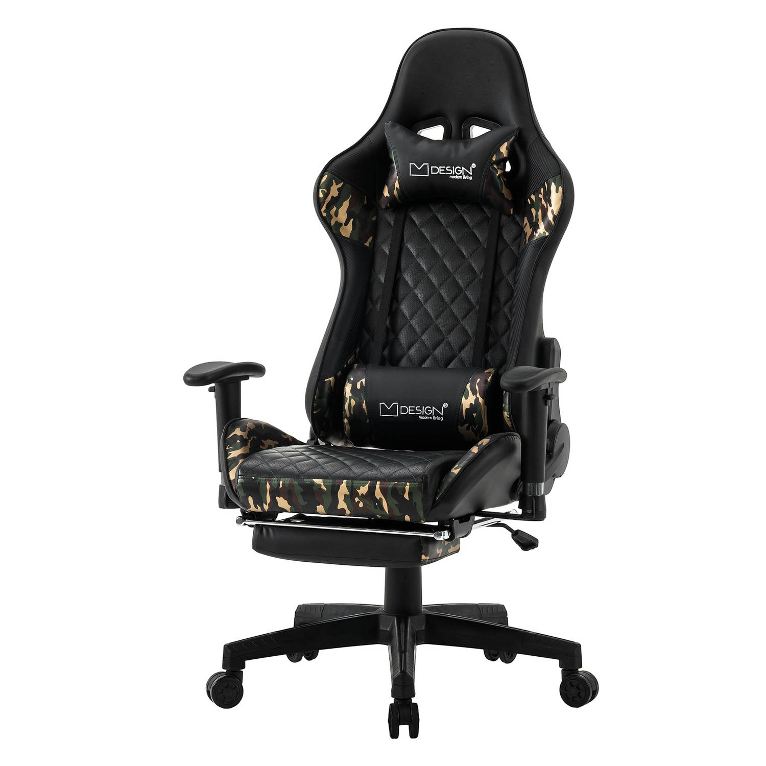 Gaming stoel met uittrekbare voetsteun 2D armleuning Zwart-Camuflage in kunstleder ML-Design