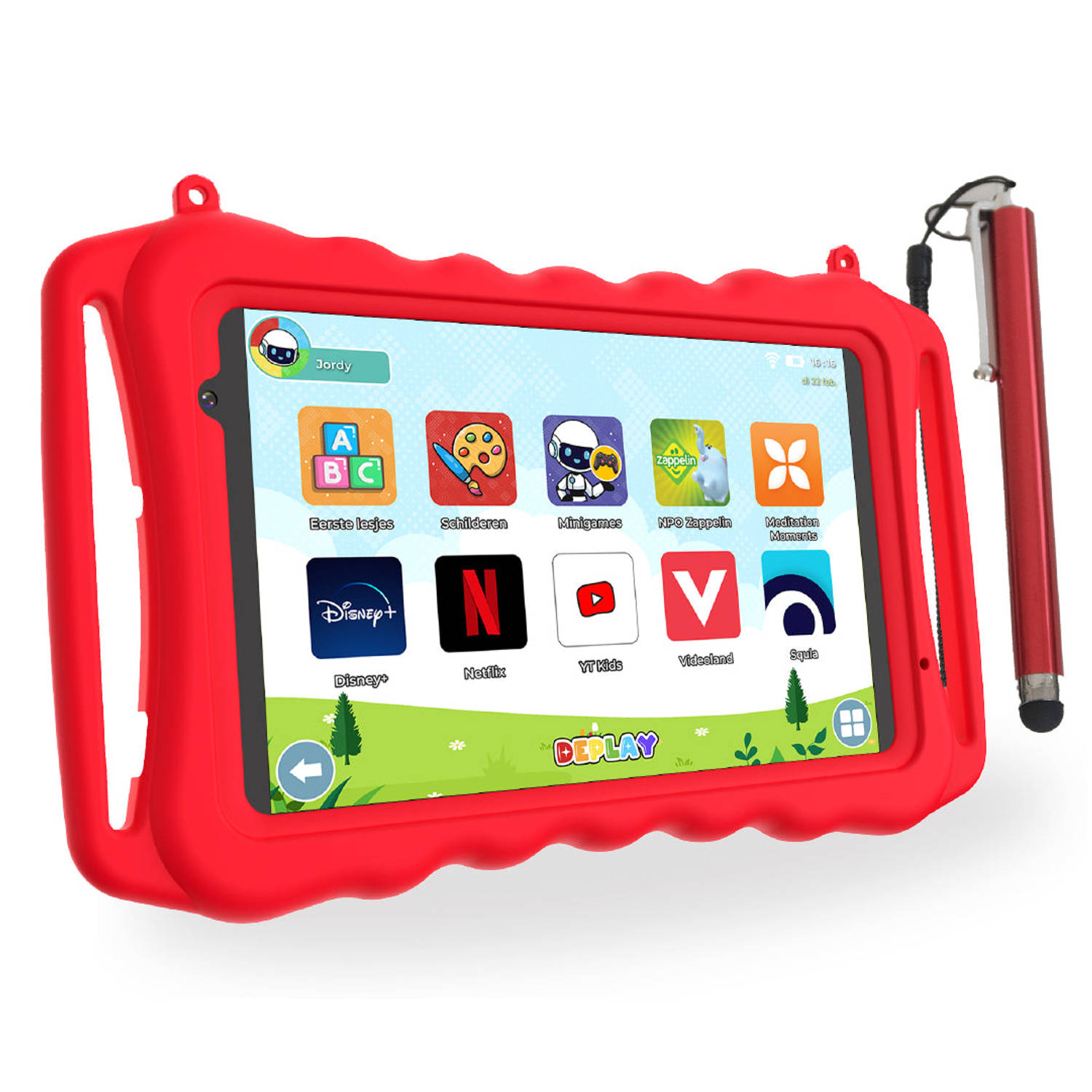 DEPLAY Kids Tablet SMART - Kindertablet - Ouder Control App - 5000 Mah Batterij - Touchscreen Pen & Beschermhoes - Android 12 – 8Inch - Rood