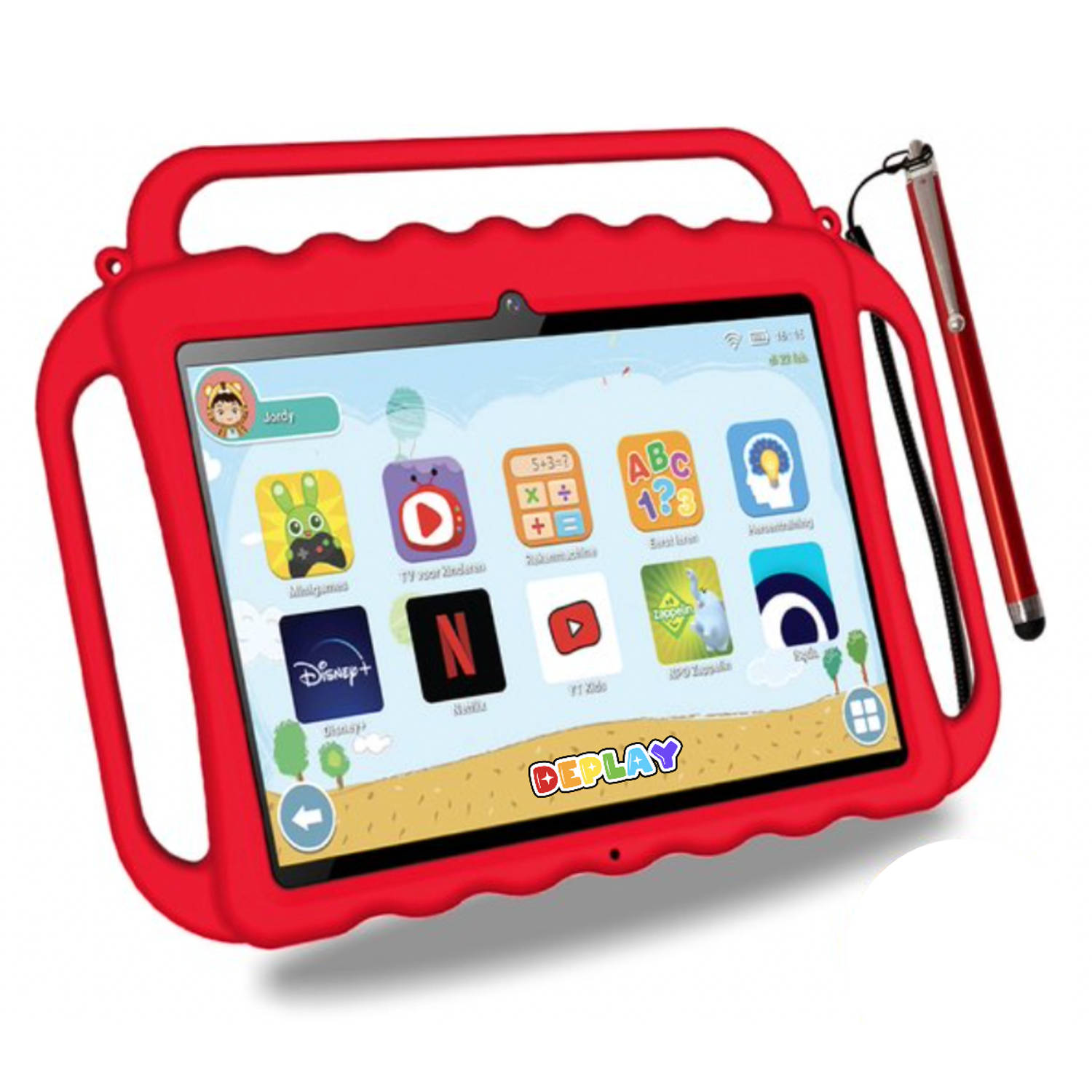 DEPLAY Kids Tablet PRO - Kindertablet - Ouder Control App - 6000 Mah Batterij - Touchscreen Pen & Beschermhoes – Rood - Android 12 - 10 Inch