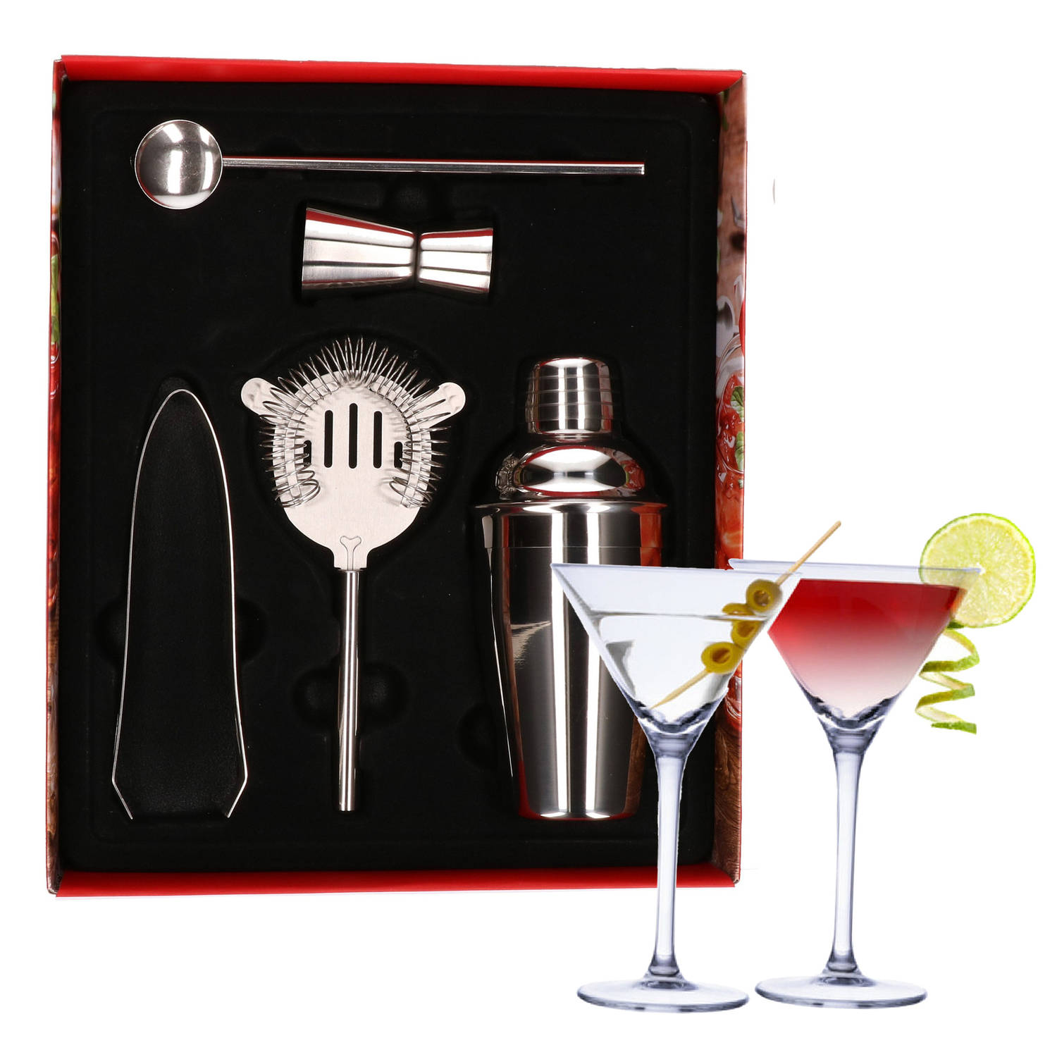 Cocktailshaker set RVS 5-delig inclusief 4x cocktail-martini glazen 220 ml Cocktailshakers