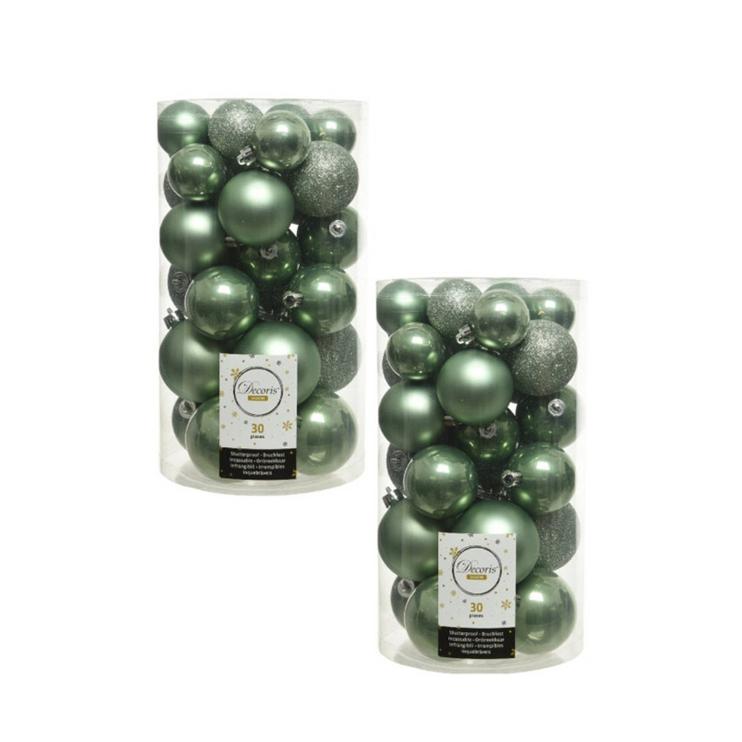 60x Kunststof kerstballen glanzend-mat-glitter salie groen kerstboom versiering-decoratie Kerstbal