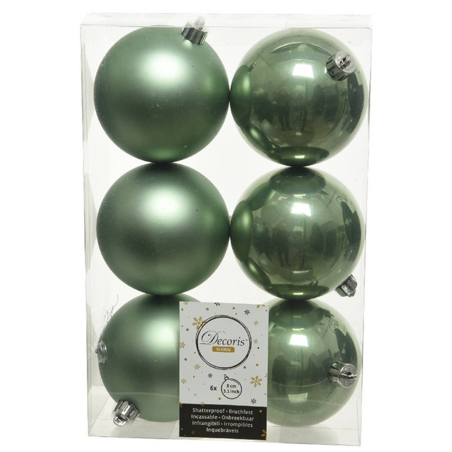 6x Kunststof Kerstballen Glanzend-mat Salie Groen 8 Cm Kerstboom Versiering-decoratie Kerstbal