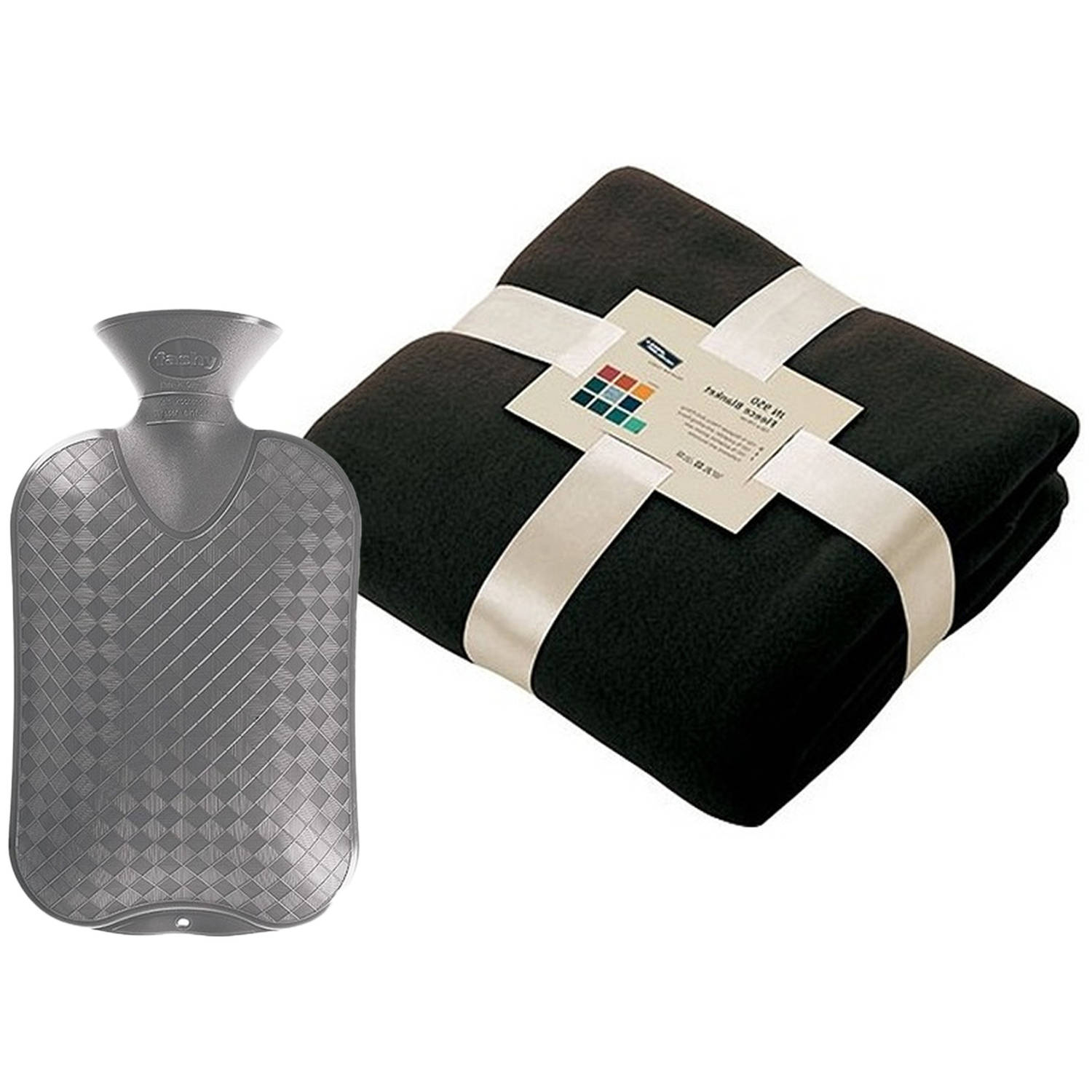 Fleece deken-plaid zwart 130 x 170 cm kruik 2 liter Plaids