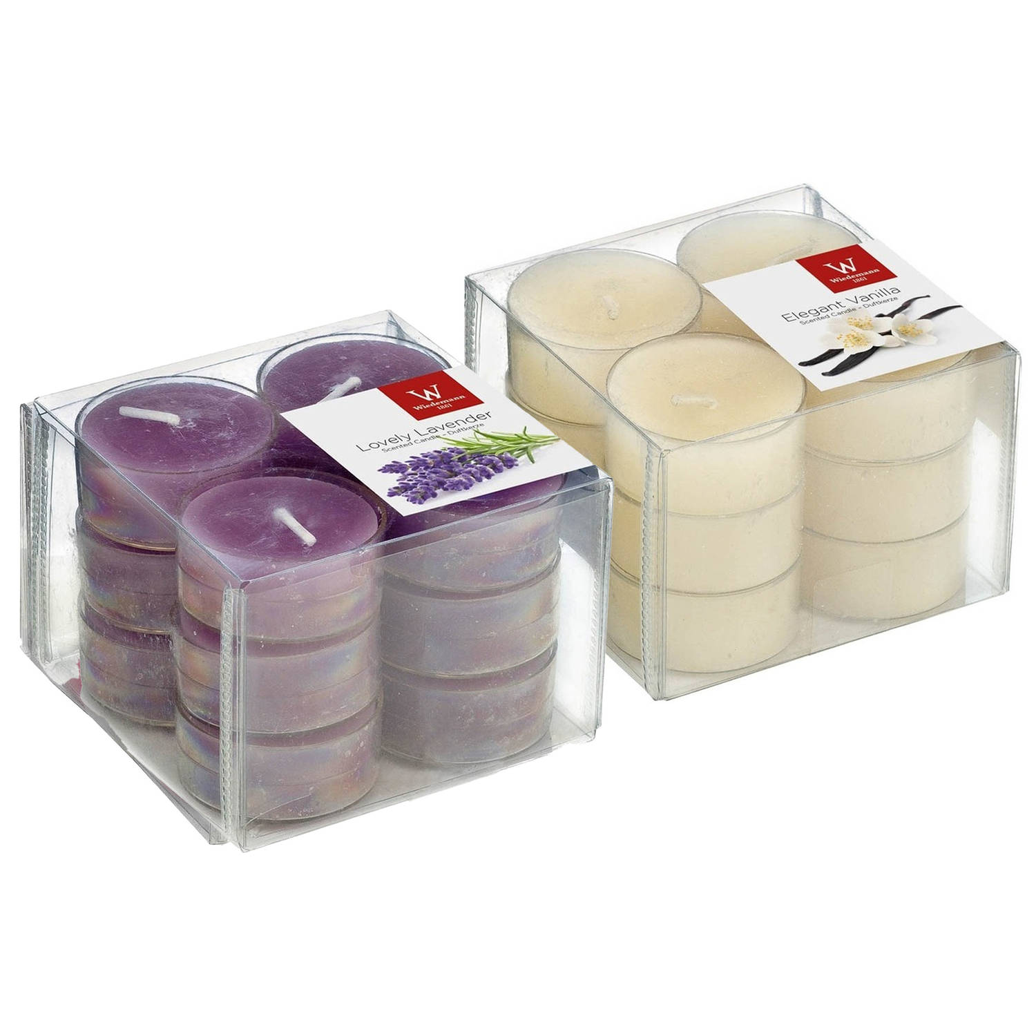 Pakket Geurkaarsen theelichtjes 24 stuks lavendel-vanille 4 branduren geurkaarsen