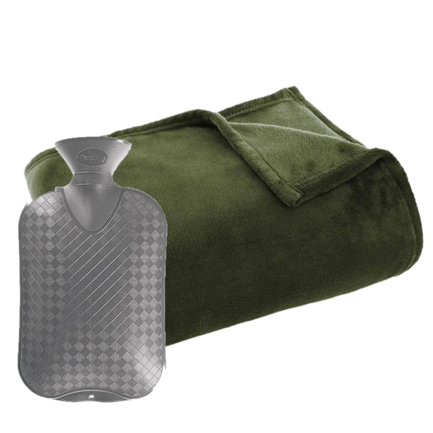 Fleece deken-plaid Olijf groen 125 x 150 cm en een warmwater kruik 2 liter Plaids