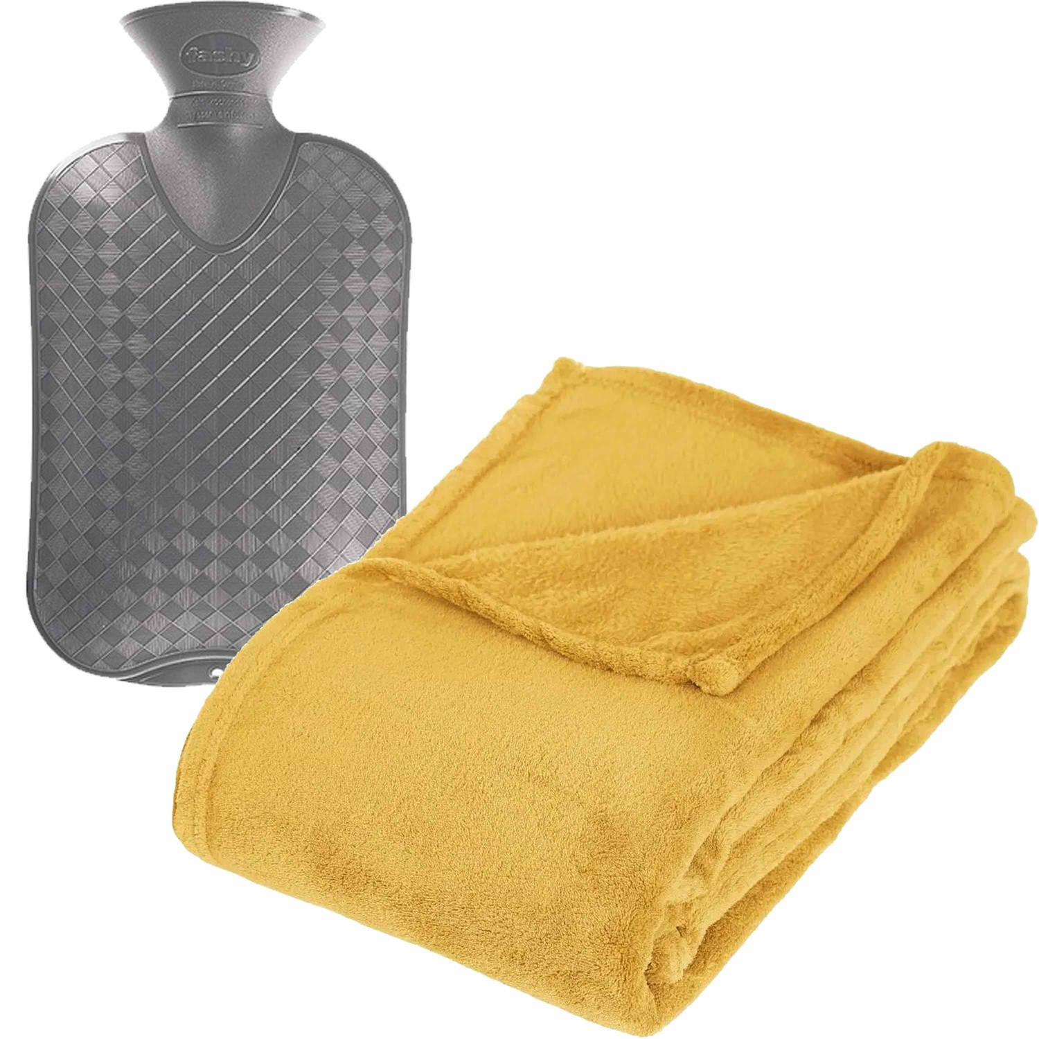 Fleece deken-plaid Okergeel 130 x 180 cm en een warmwater kruik 2 liter Plaids