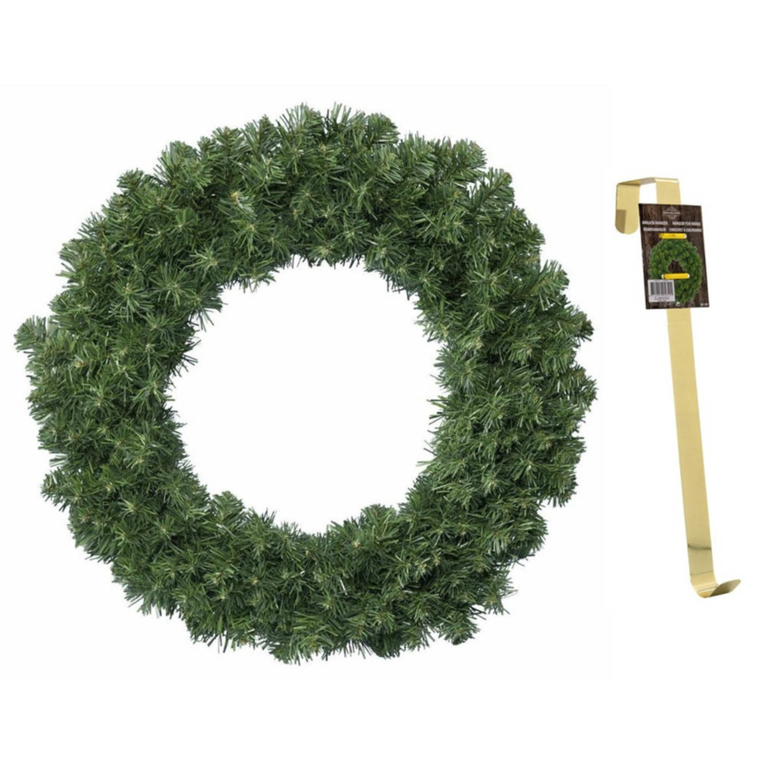 Groene kerstkrans-dennenkrans 60 cm met 200 takken kerstversiering en met gouden hanger Kerstkransen