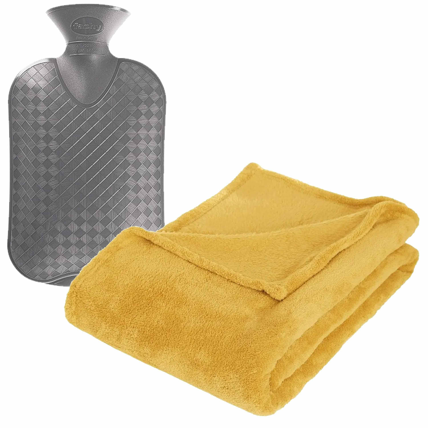 Fleece deken-plaid Okergeel 125 x 150 cm en een warmwater kruik 2 liter Plaids