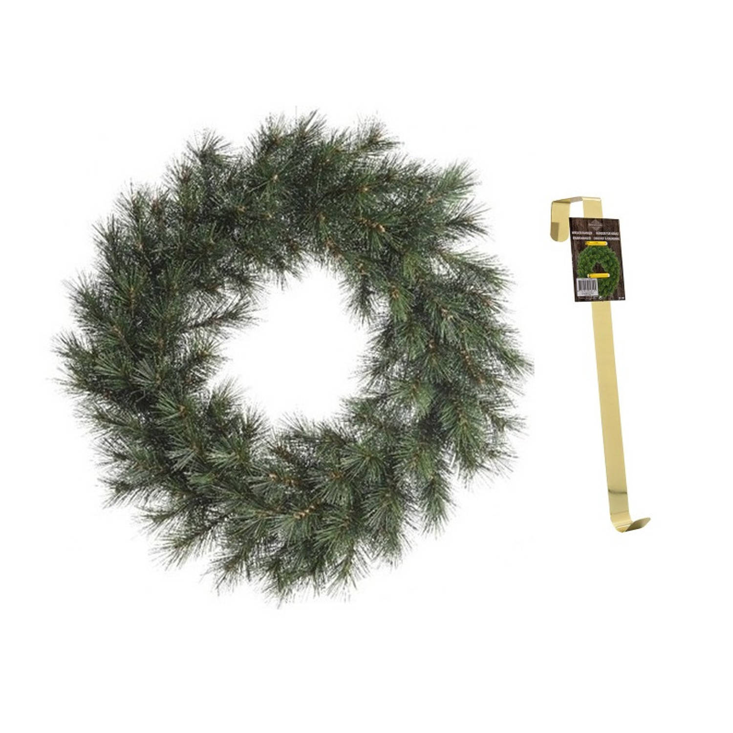 Groene kerstkrans 50 cm Malmo voor de deur-poort met gouden hanger Kerstkransen