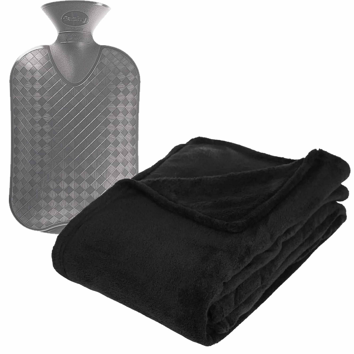 Fleece deken-plaid Zwart 130 x 180 cm en een warmwater kruik 2 liter Plaids