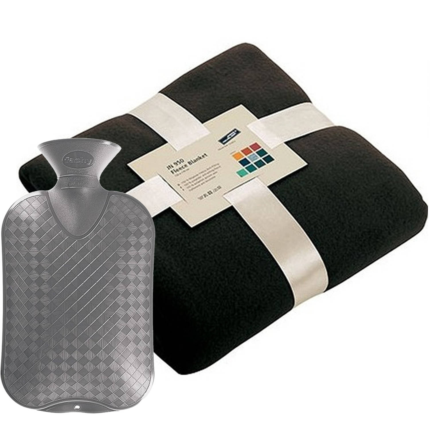 Fleece deken-plaid Zwart 130 x 170 cm en een warmwater kruik 2 liter Plaids