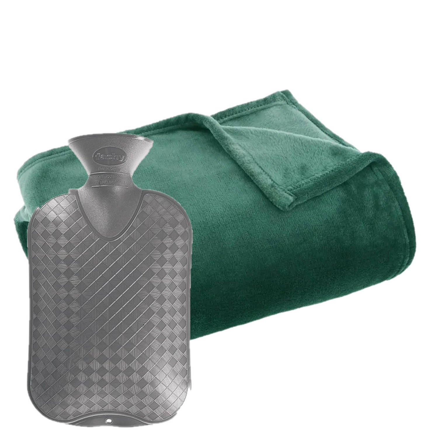 Fleece deken-plaid Groen 130 x 180 cm en een warmwater kruik 2 liter Plaids