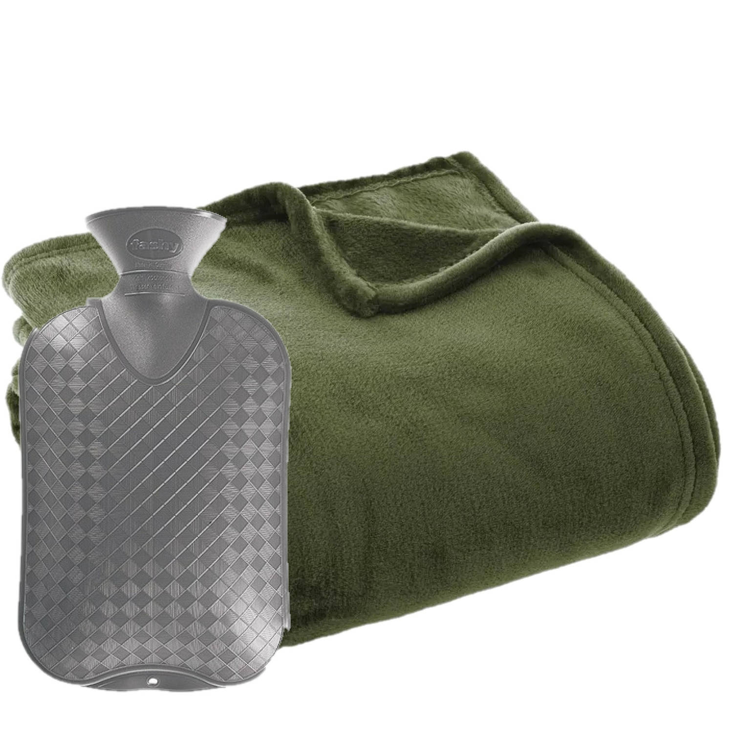 Fleece deken-plaid Olijf Groen 130 x 180 cm en een warmwater kruik 2 liter Plaids