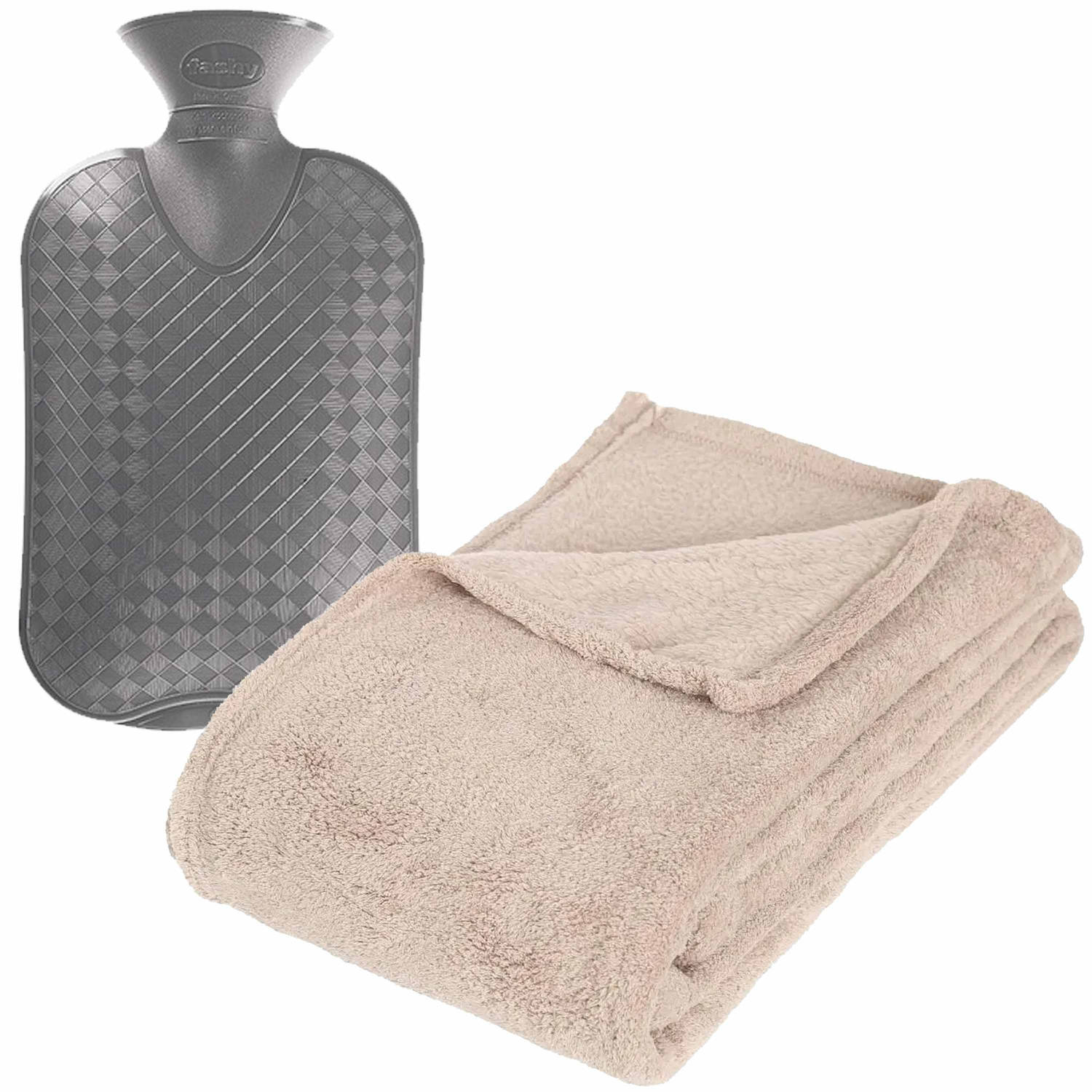 Fleece deken-plaid Beige 130 x 180 cm en een warmwater kruik 2 liter Plaids