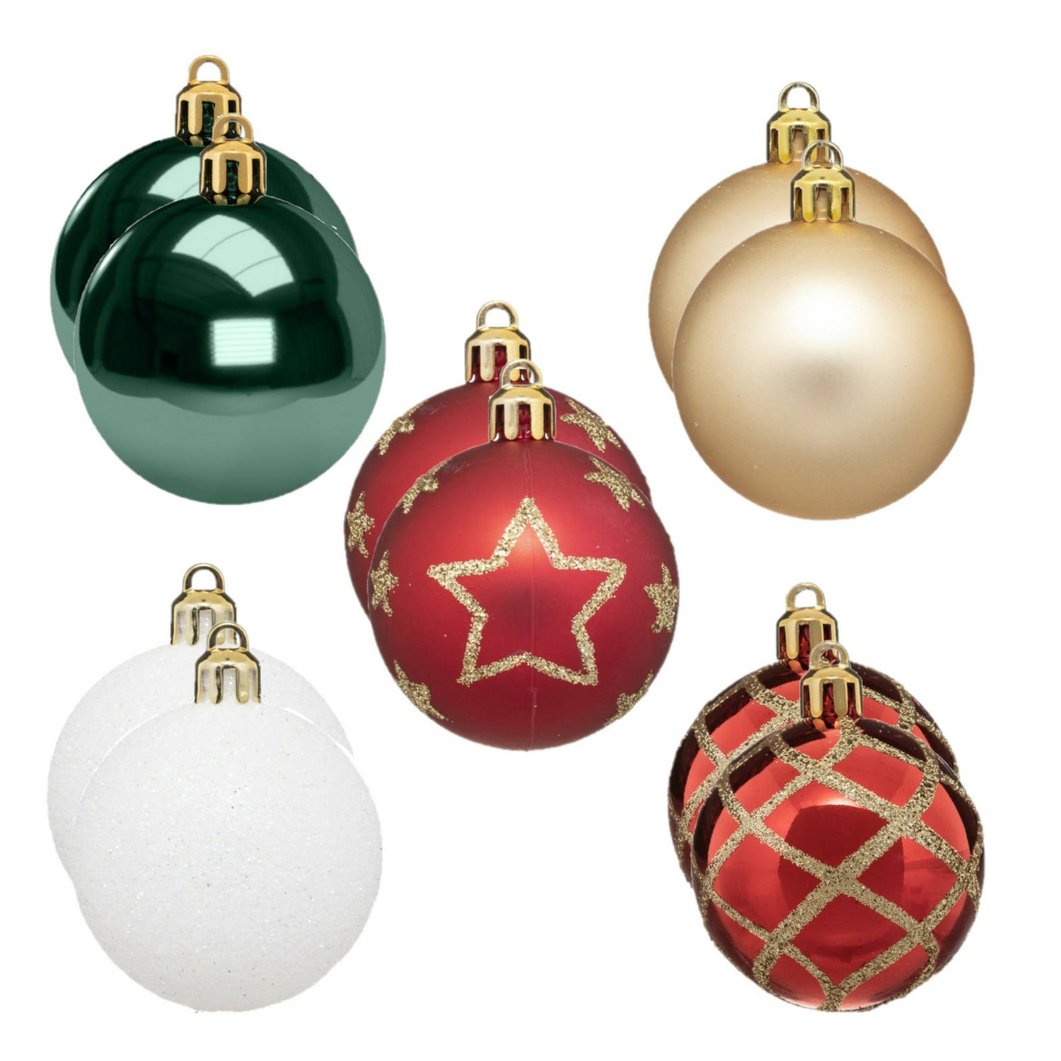 30x stuks kerstballen mix wit-rood-groen-champagne gedecoreerd kunststof 5 cm Kerstbal