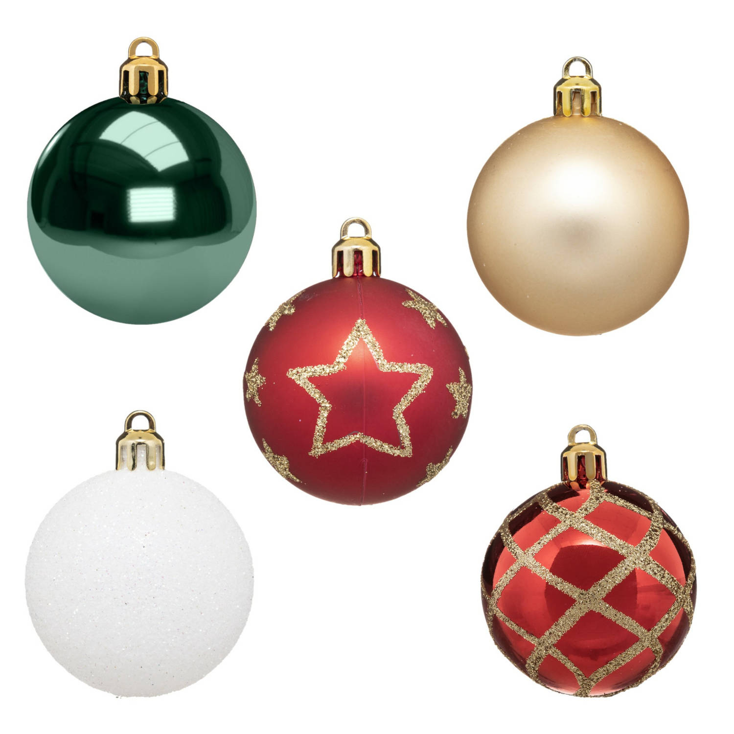 15x stuks kerstballen mix wit/rood/groen/champagne gedecoreerd kunststof 5 cm - Kerstbal