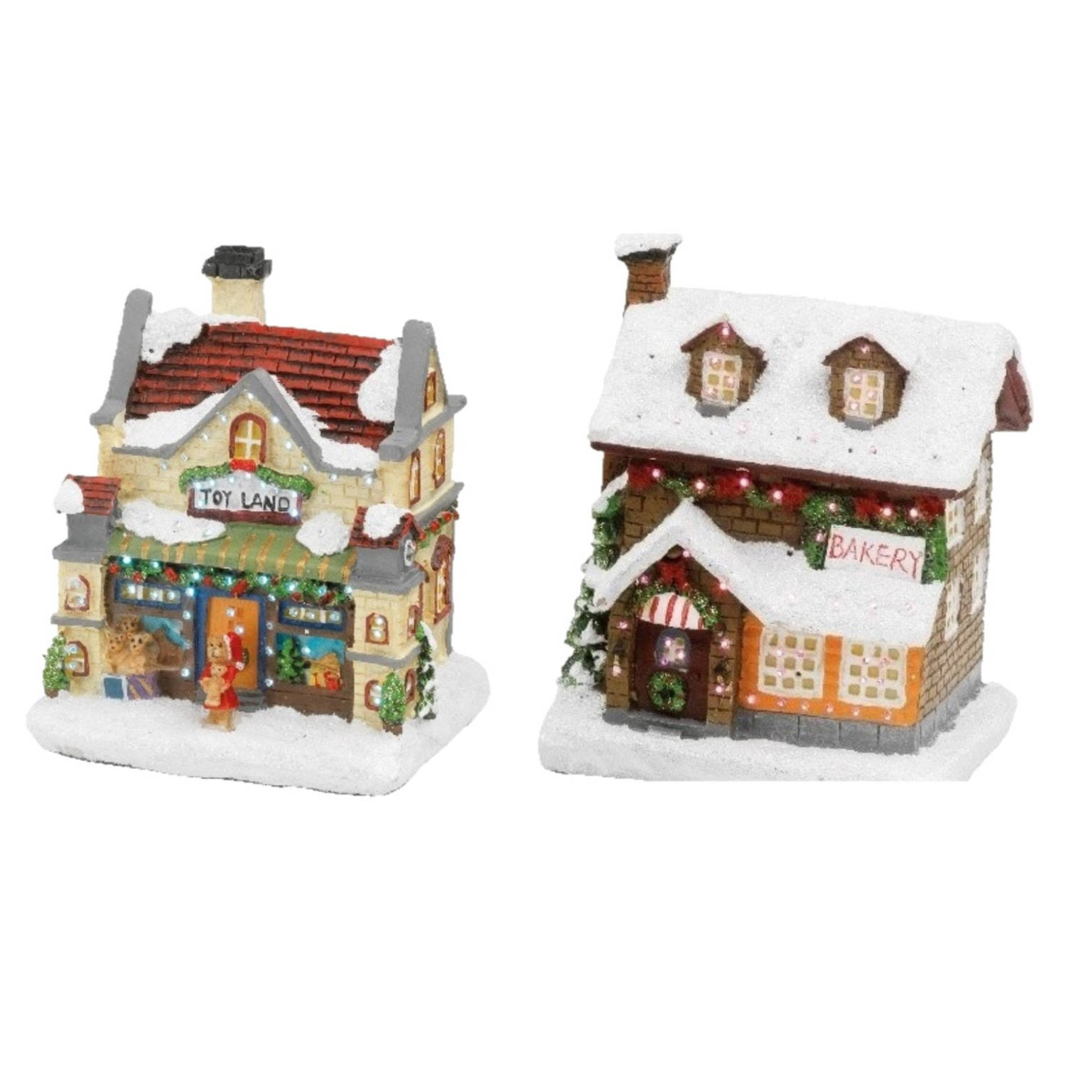 Set van 2x stuks Kerstdorp kersthuisjes bakkerij en speelgoedwinkel met verlichting 12,5 cm Kerstdor