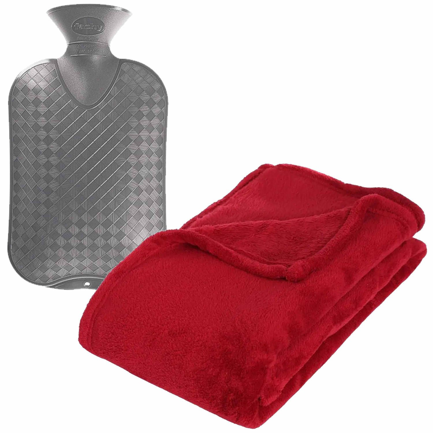 Fleece deken-plaid Rood 130 x 180 cm en een warmwater kruik 2 liter Plaids