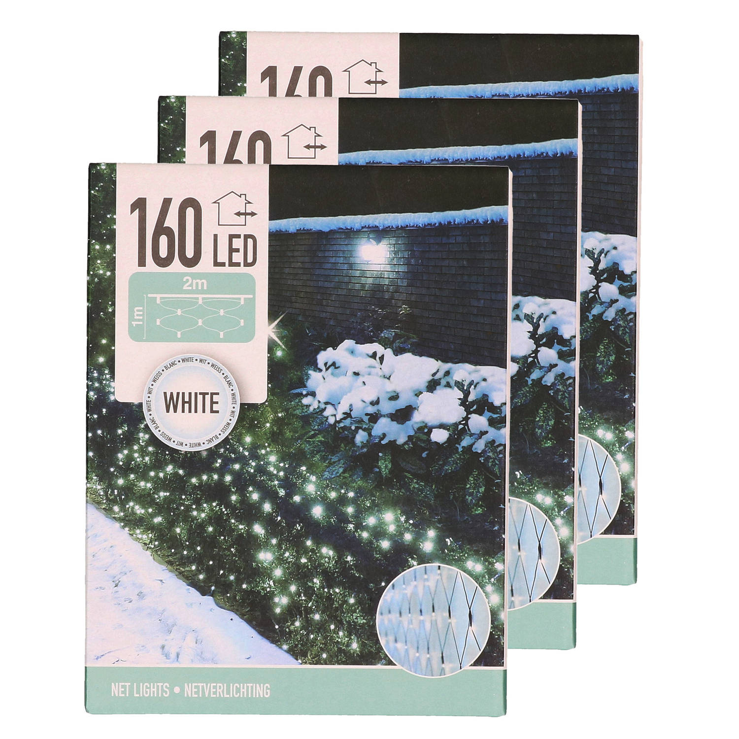 Set van 3x stuks kerstverlichting lichtnetten-netverlichting 200 x 100 cm helder wit Kerstverlichtin
