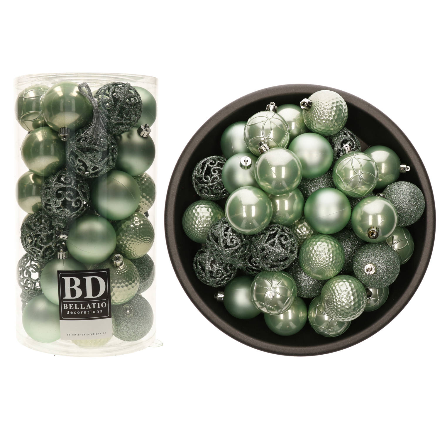 74x stuks kunststof kerstballen mintgroen (eucalyptus) 6 cm glans-mat-glitter mix Kerstbal