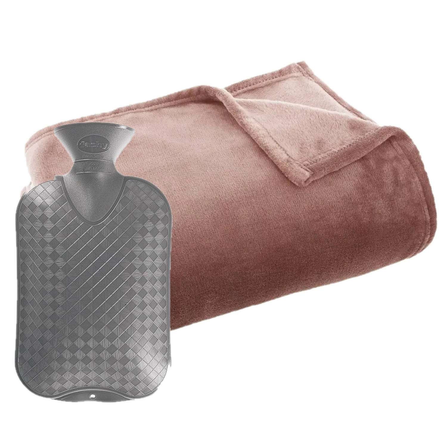 Fleece deken-plaid Oud Roze 125 x 150 cm en een warmwater kruik 2 liter Plaids