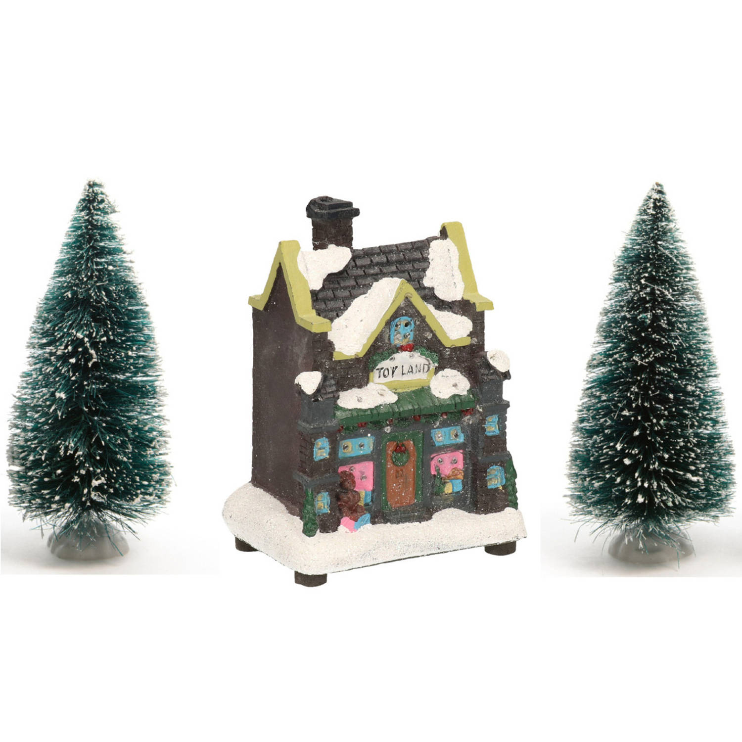 Kerstdorp verlicht kersthuisje speelgoedwinkel 12 cm inclusief 2 kerstboompjes Kerstdorpen