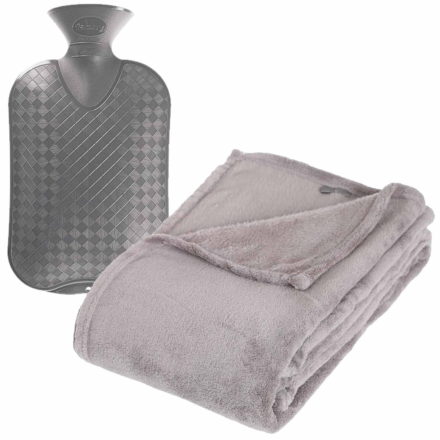 Fleece deken-plaid Lichtgrijs 130 x 180 cm en een warmwater kruik 2 liter Plaids
