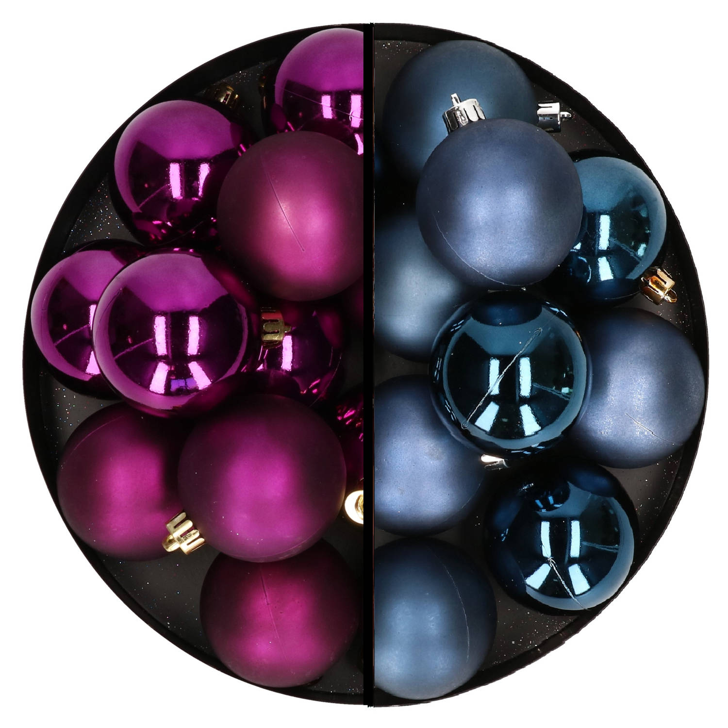 Kerstballen 24x stuks mix donkerblauw en paars 6 cm kunststof Kerstbal