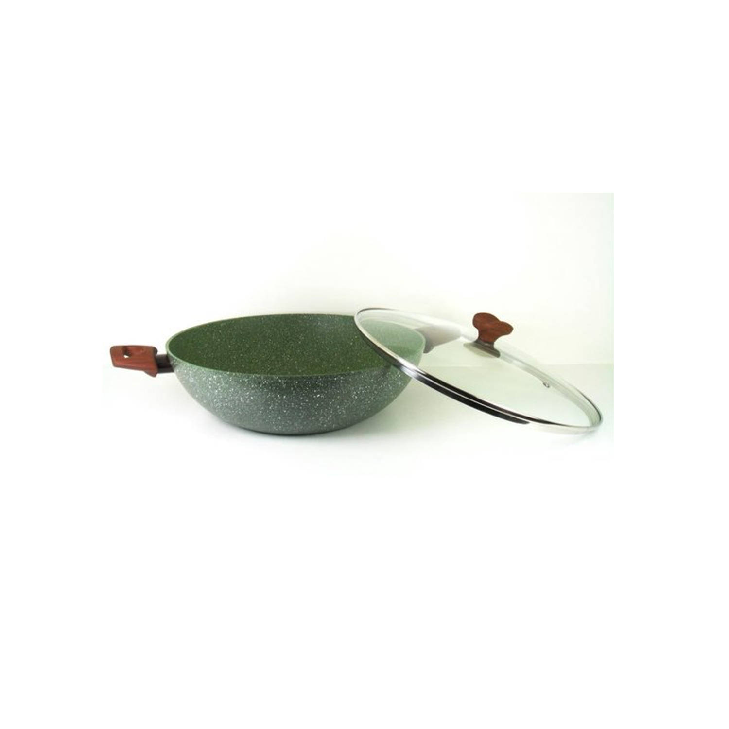 TVS natura - Natura 100% Recycled - wok Wadjan Ø 32 cm met glasdeksel - en met groene plantaardige VEGAN anti-kleefcoating -PFOS-PFOA vrij - ook geschikt voor inductie