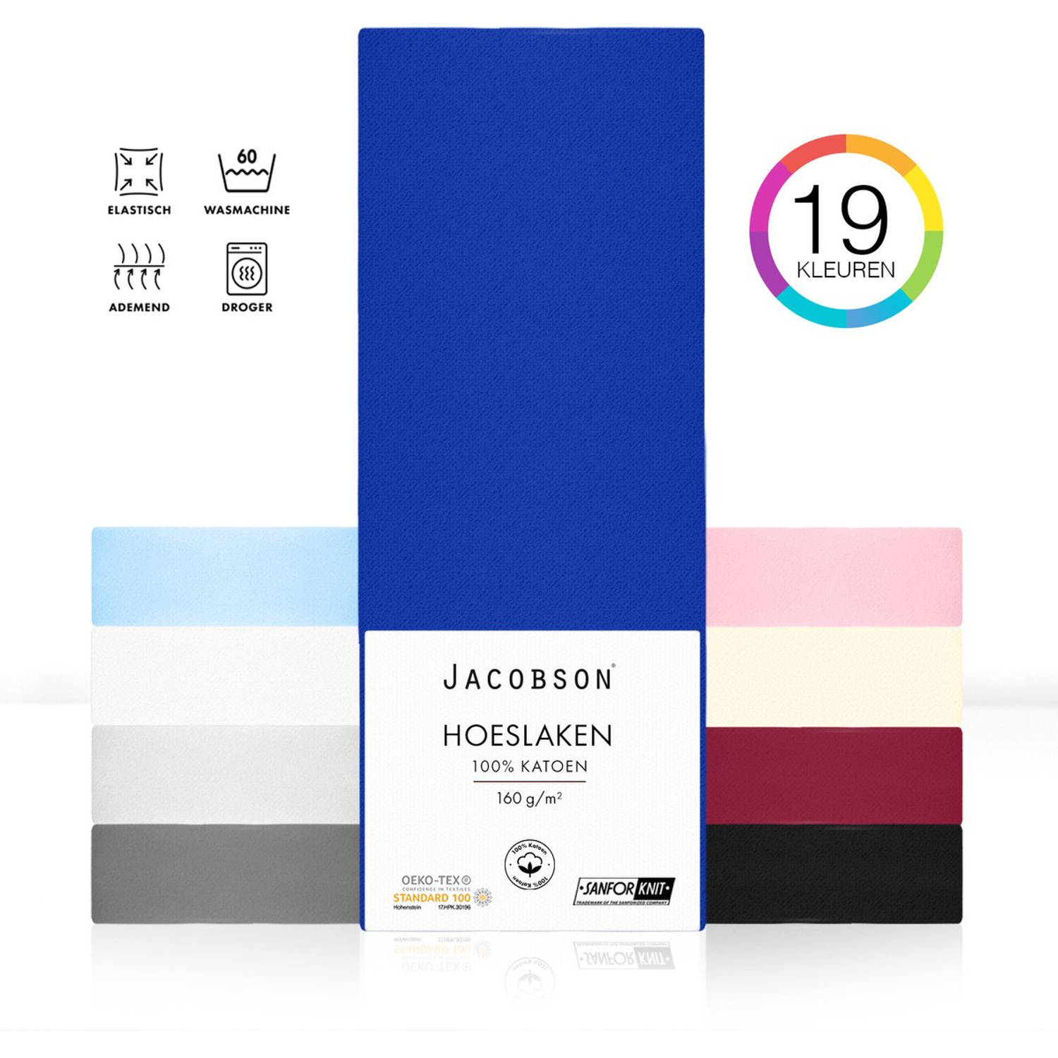 Jacobson PREMIUM - Jersey Hoeslaken - 200x200cm - 100% Katoen - tot 23cm matrasdikte - Koningsblauw