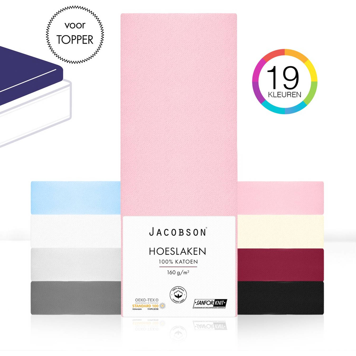 Jacobson - Hoeslaken Topper – 100% Jersey Katoen – 180x200 cm – Roze
