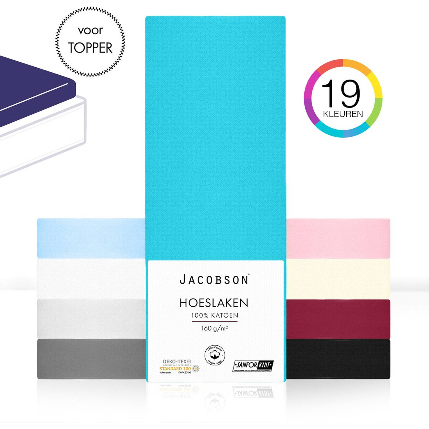 Jacobson - Hoeslaken Topper – 100% Jersey Katoen – 200x200 cm – Turquoise