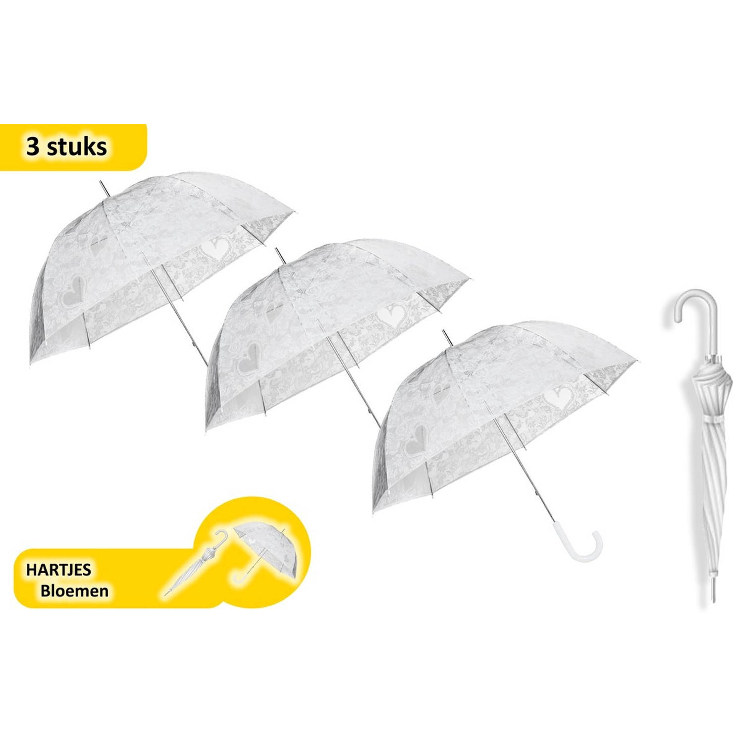 Charmante Transparante Hartjes Paraplu 3 stuks - Eenvoudige Handopening - Ø 95 cm - Stijlvol Fashion Dessin