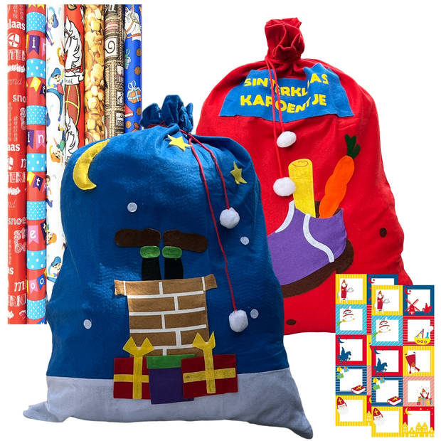 sinterklaas geschenkzakken (2 Stuks), incl. 40 Naamstickers & 7 Rollen Cadeaupapier 3 mtr x 70 cm