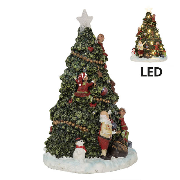 Clayre & Eef Kerstdecoratie met LED-verlichting Kerstboom 26 cm Groen Polyresin Kerstdecoratie Beeld Groen