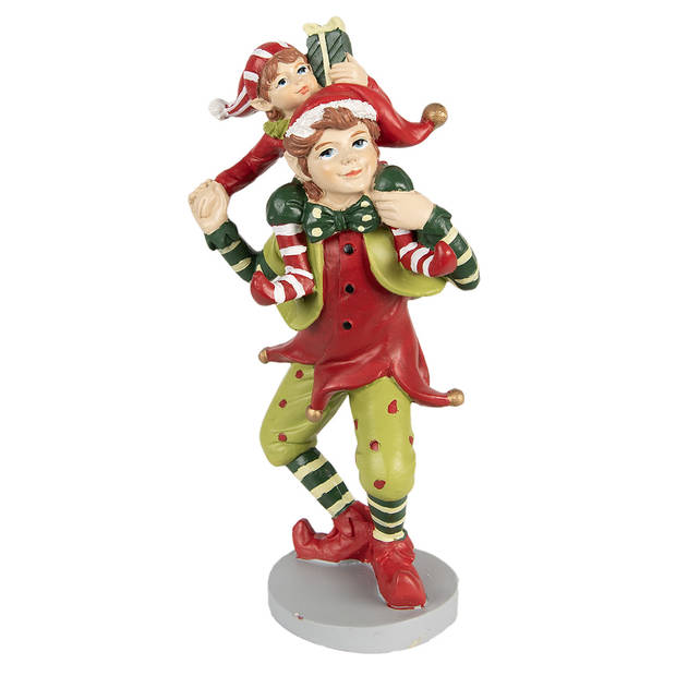 Clayre & Eef Kerstdecoratie Beeld Elf 19 cm Rood Groen Polyresin Kerstfiguren Rood Kerstfiguren