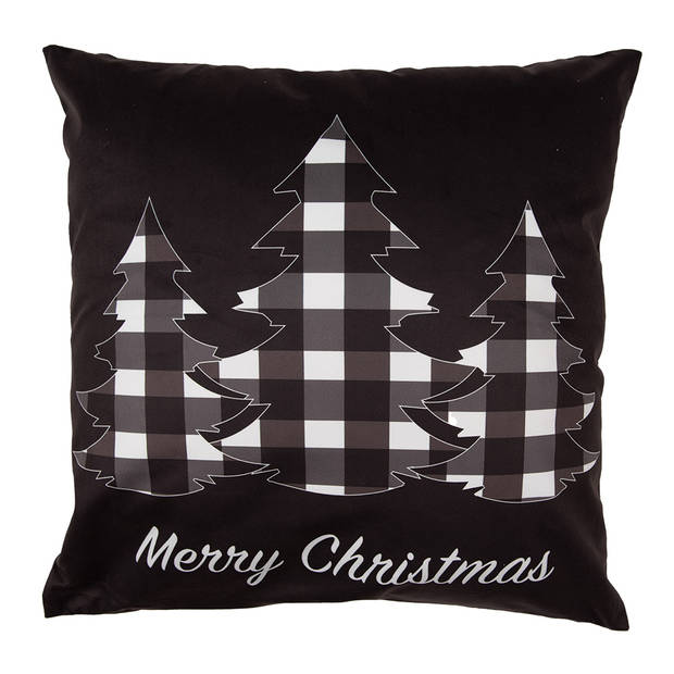 Clayre & Eef Kussenhoes 45x45 cm Zwart Wit Polyester Kerstbomen Merry Christmas Sierkussenhoes Zwart Sierkussenhoes