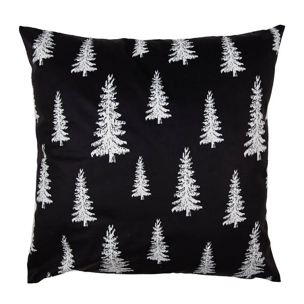 Clayre & Eef Kussenhoes 45x45 cm Zwart Wit Polyester Kerstbomen Sierkussenhoes Zwart Sierkussenhoes