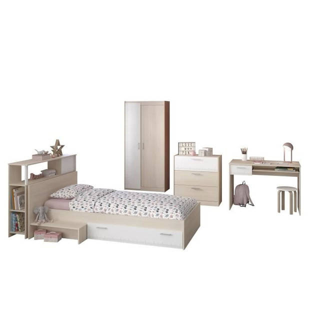 PARISOT Complete kinderkamer - Hoofdeinde + bed + ladekast + kledingkast + bureau - Licht en wit acaciadecor - CHAR