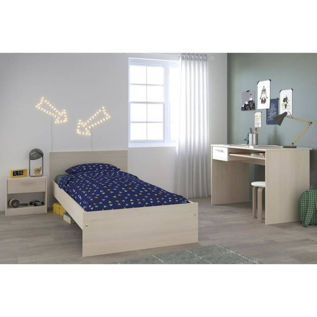 PARISOT Complete kinderkamer - 90 X 190 bed + nachtkastje + bureau - Licht en wit acaciadecor - CHARLEMAGNE