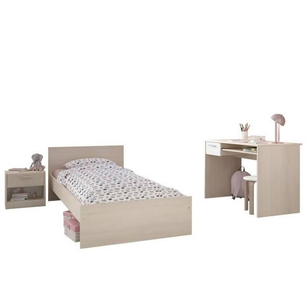 PARISOT Complete kinderkamer - 90 X 190 bed + nachtkastje + bureau - Licht en wit acaciadecor - CHARLEMAGNE