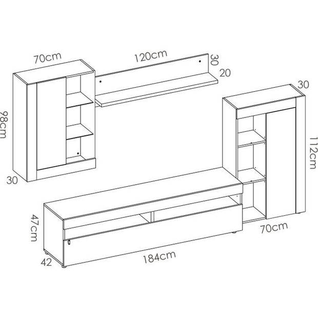 TOKIO TV-meubelset - Klassiek - Spaanplaat - Wit en beton - L 265 x D 42 x H 180 cm