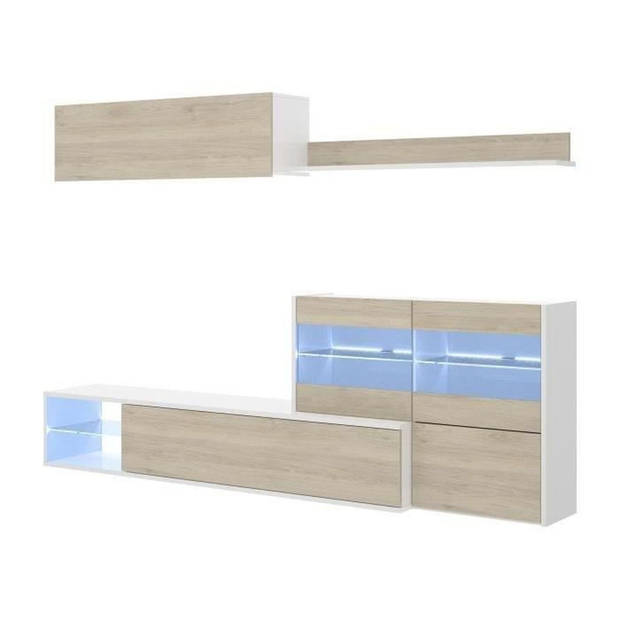 Woonkamermeubelset met LED-vitrine - Eiken en wit decor - L 260 x D 41 x H 180 cm - UMA