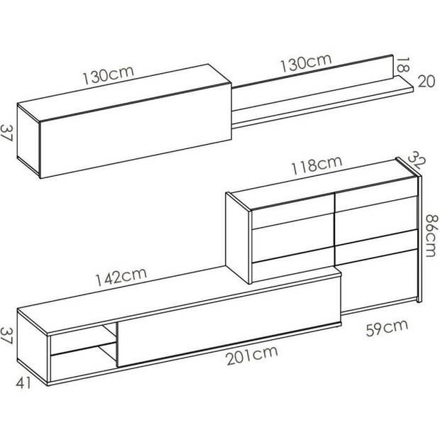 Woonkamermeubelset met LED-vitrine - Eiken en wit decor - L 260 x D 41 x H 180 cm - UMA