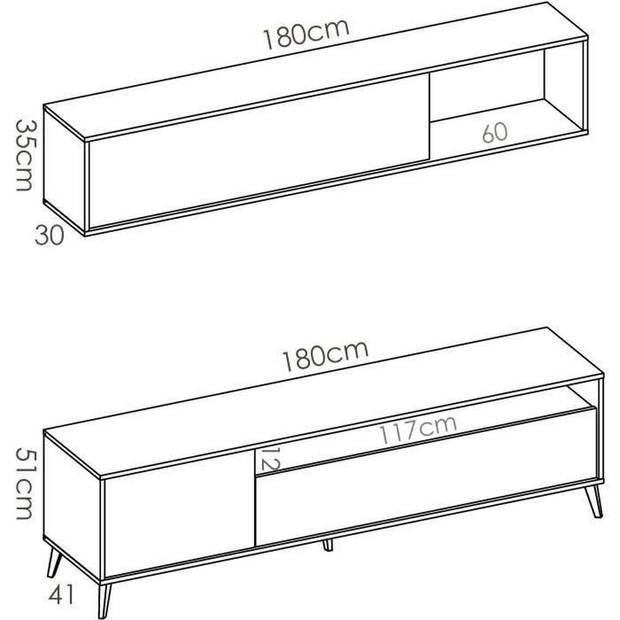 TV-meubel met wandplank - Eiken en grafiet decor - L 180 x D 41 x H 51 cm - BONN