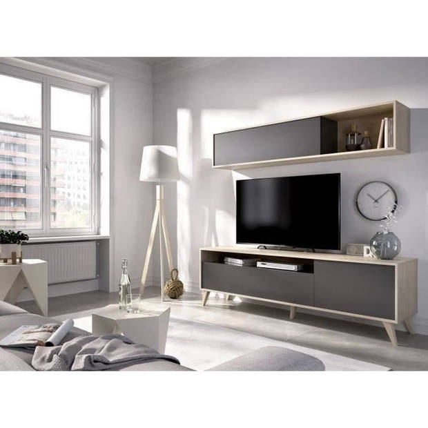 TV-meubel met wandplank - Eiken en grafiet decor - L 180 x D 41 x H 51 cm - BONN