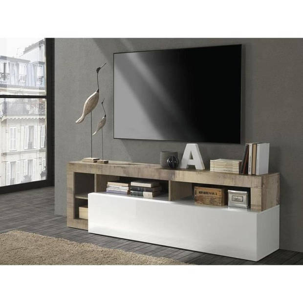 TV-meubel met 1 deur - Witte gelakte afwerking en vintage houteffect - B 184 x D 42 x H 56 cm - MAESTRO