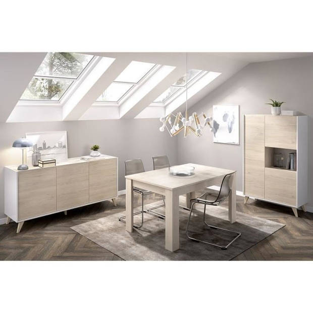 Complete eetkamer - NESS - Dressoir + Vitrine + Tafel - Melaminehout en wit decor